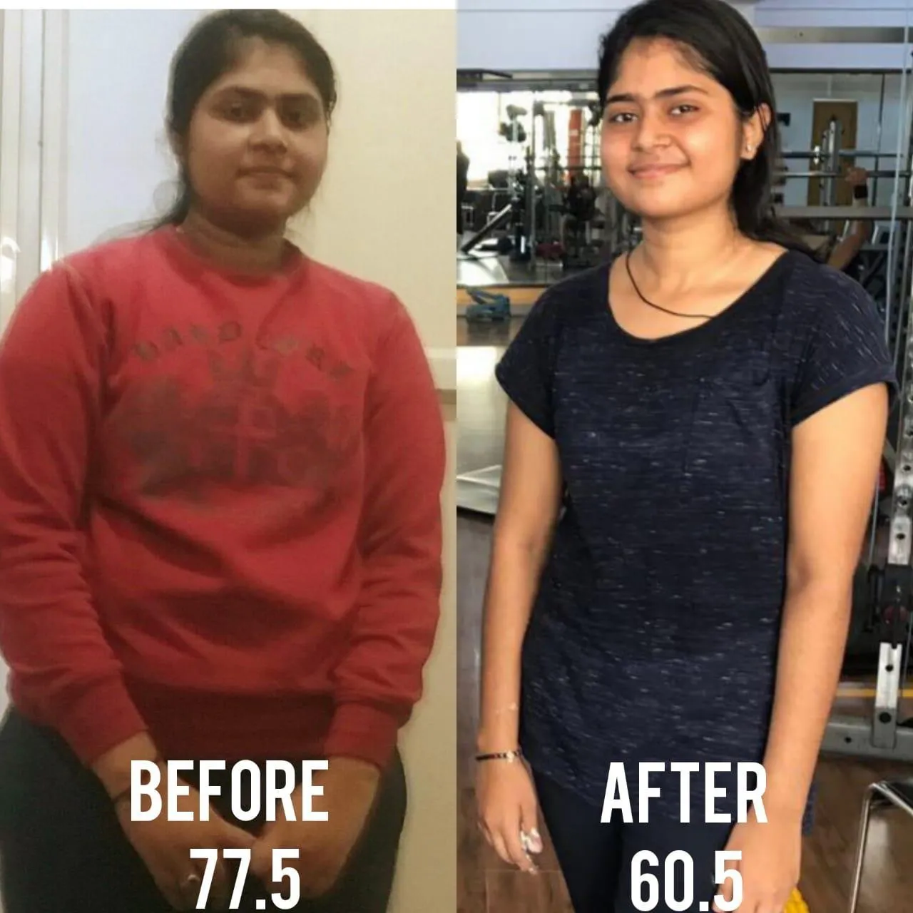 Apoorva Dwivedi before-and-after 77.5 kg to 60.5 kg transformation at Power Fitness Club.