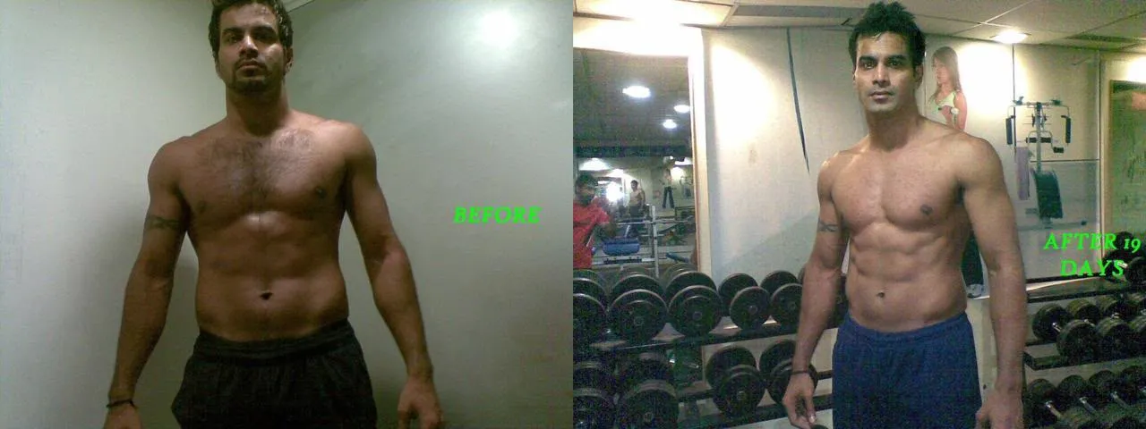 N. C. Aiyappa before-and-after physique transformation at Power Fitness Club.