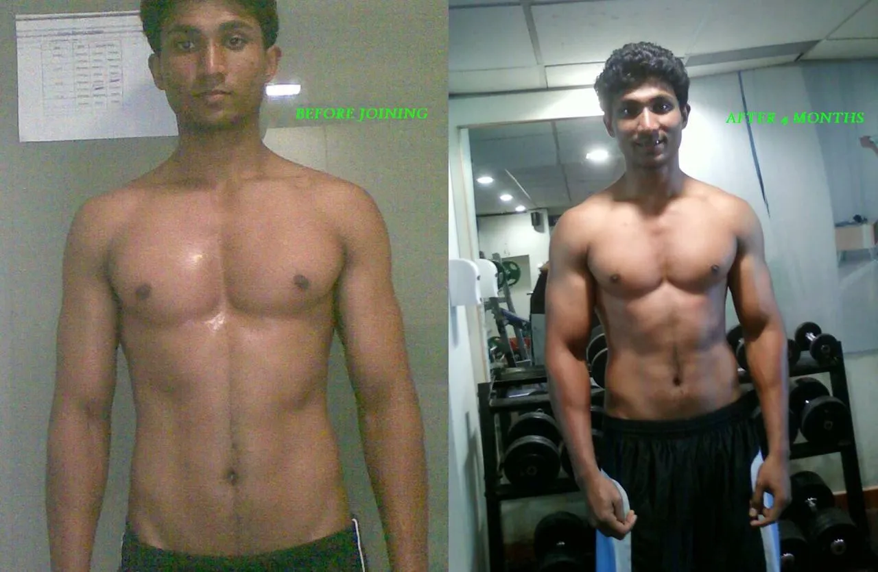 Darshan before-and-after muscle gain transformation at Power Fitness Club.